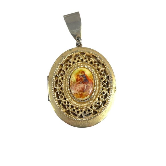 Vintage Oval Gold-Tone Filigree Locket Pendant With Romantic Scene & Silver Bail - Picture 5 of 6